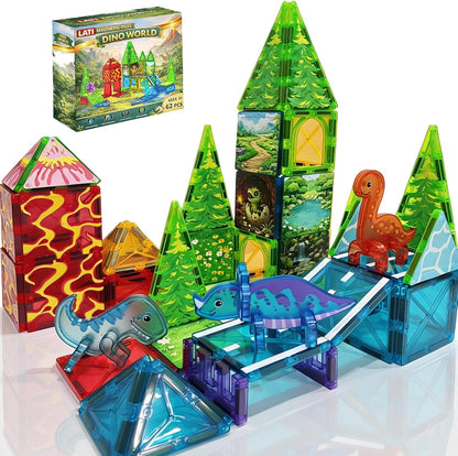 LATI Magnetic Tiles Dinosaur Building Set, Dino World Magnet Blocks with Double-Sided Egg Hatch Story, STEM Construction Toy for Kids Ages 3+, Educational Gift for Boys & Girls