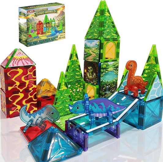 LATI Magnetic Tiles Dinosaur Building Set, Dino World Magnet Blocks with Double-Sided Egg Hatch Story, STEM Construction Toy for Kids Ages 3+, Educational Gift for Boys & Girls