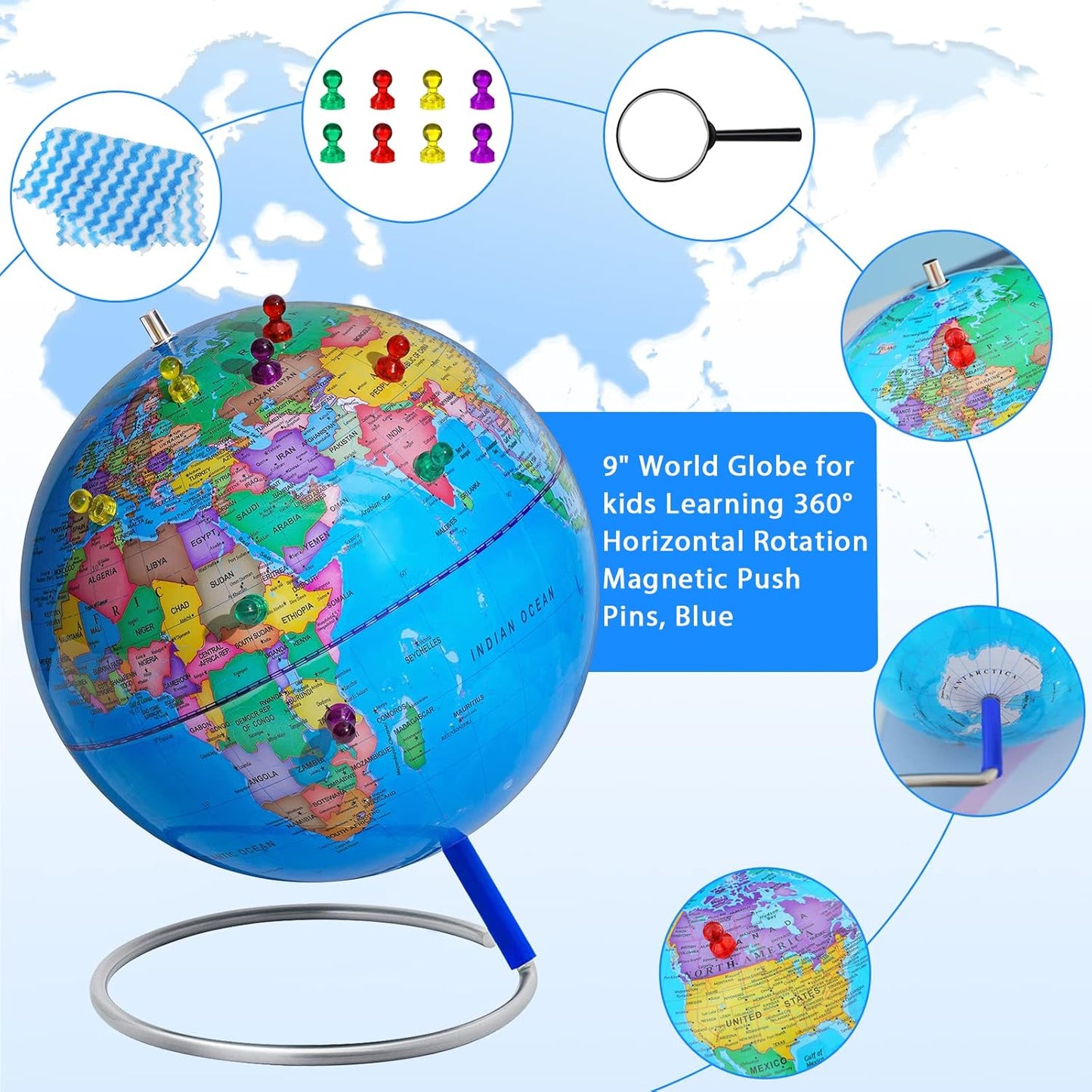 BSHAPPLUS World Globe with Stainless Steel Stand 13 inch, 720 Rotating & HD Waterproof Material, Teaching/Geographic/Decorative Globes with Clear Text for Elementary, Classroom, Home, School, Office