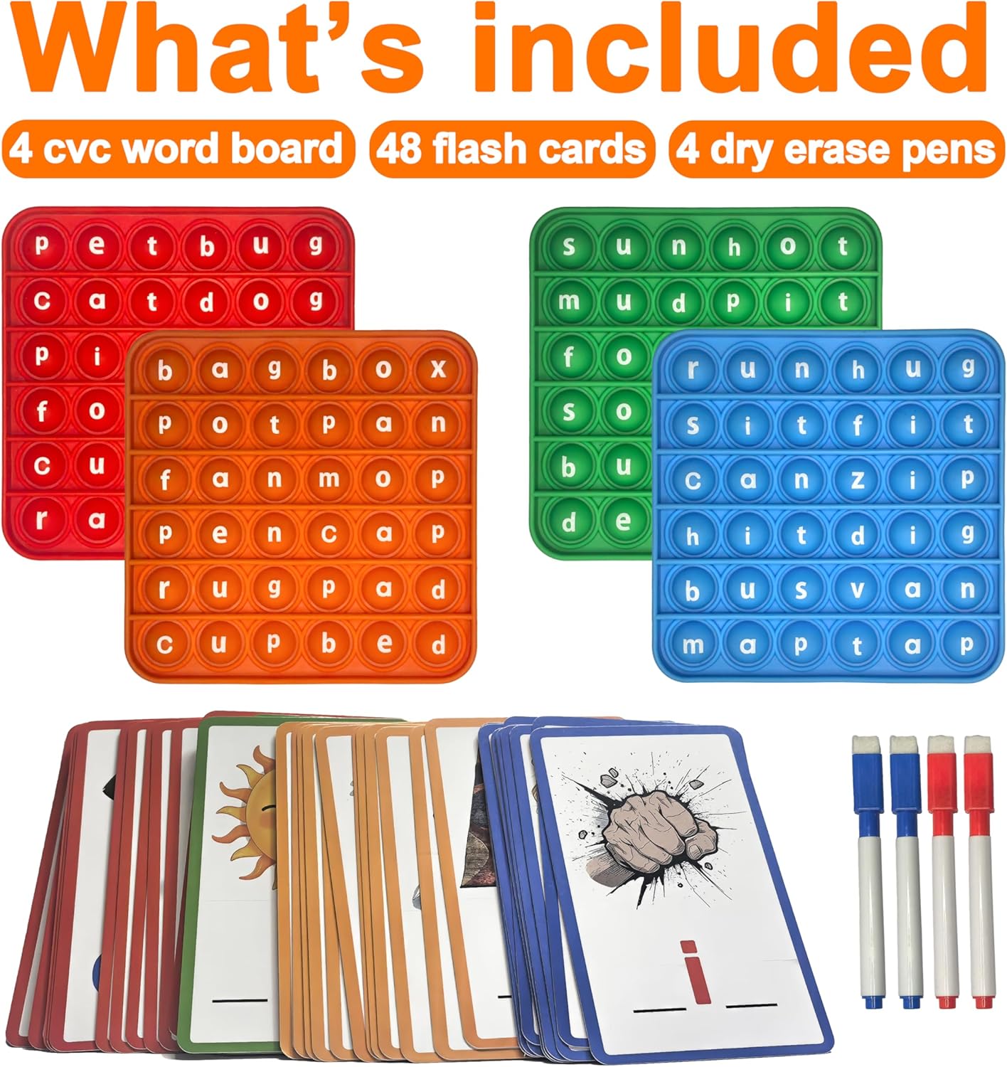 CVC Learning Flash Cards 1 Set- Educational Spelling and Reading Game for Preschool and Kindergarten, Includes Colorful Erasable Pens