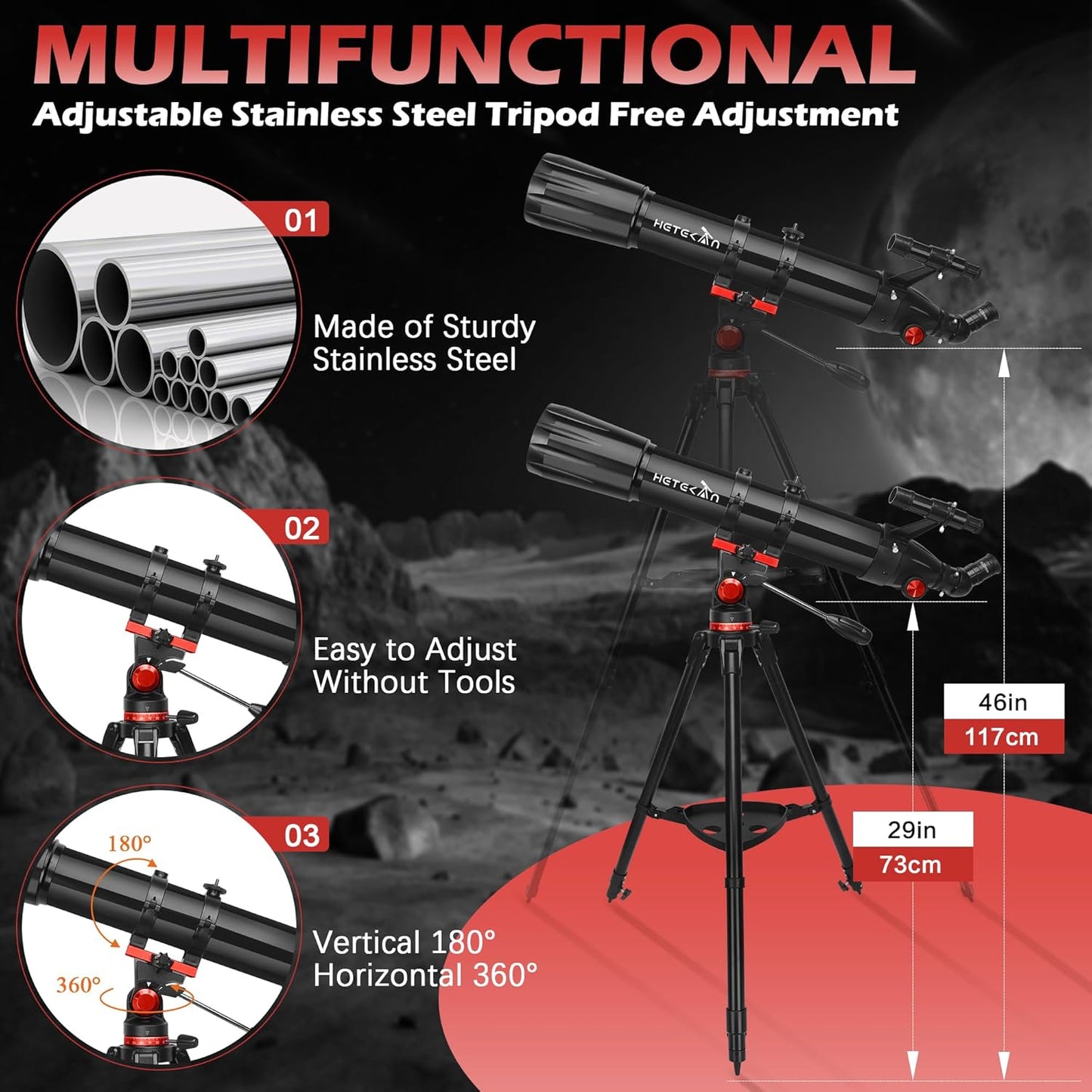 HETEKAN Telescope, Telescope for Adults High Powered, 90mm Aperture 900mm Refractor Telescopes for Kids & Beginners, Magnification 450X,for Planet Observation with Stainless Tripod & Phone Adapter