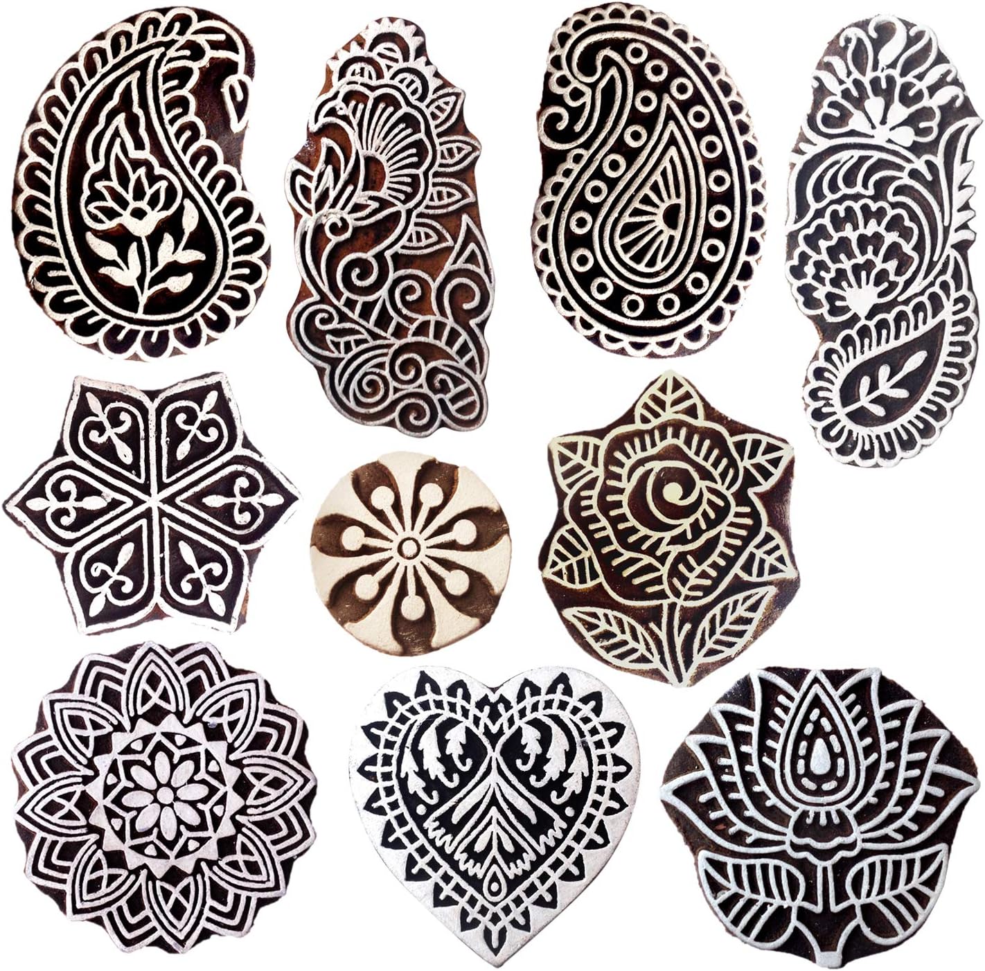 Royal Kraft Wooden Stamps for Block Printing on Saree Border, Textile, Clay, Pottery, Tattoo (Set of 10) MXtag0006