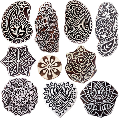 Royal Kraft Wooden Stamps for Block Printing on Saree Border, Textile, Clay, Pottery, Tattoo (Set of 10) MXtag0006