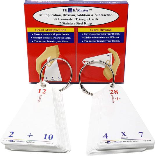Think2Master Premium Laminated Multiplication Division Addition & Subtraction Triangle Flash Cards | 78 Dry Erasable Flashcards. Includes 2 Rings.