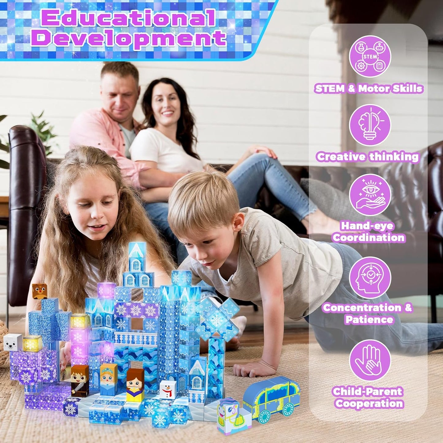Magnetic Blocks - 100Pcs 0.8in Magnetic Building Block for Kids Ages 4-8, Transparent Magnet Block Blue Princess Castle, Magnet Cubes Tiles Princess Toy for Girl 3 4 5 6 7 8-12 Birthday Gift
