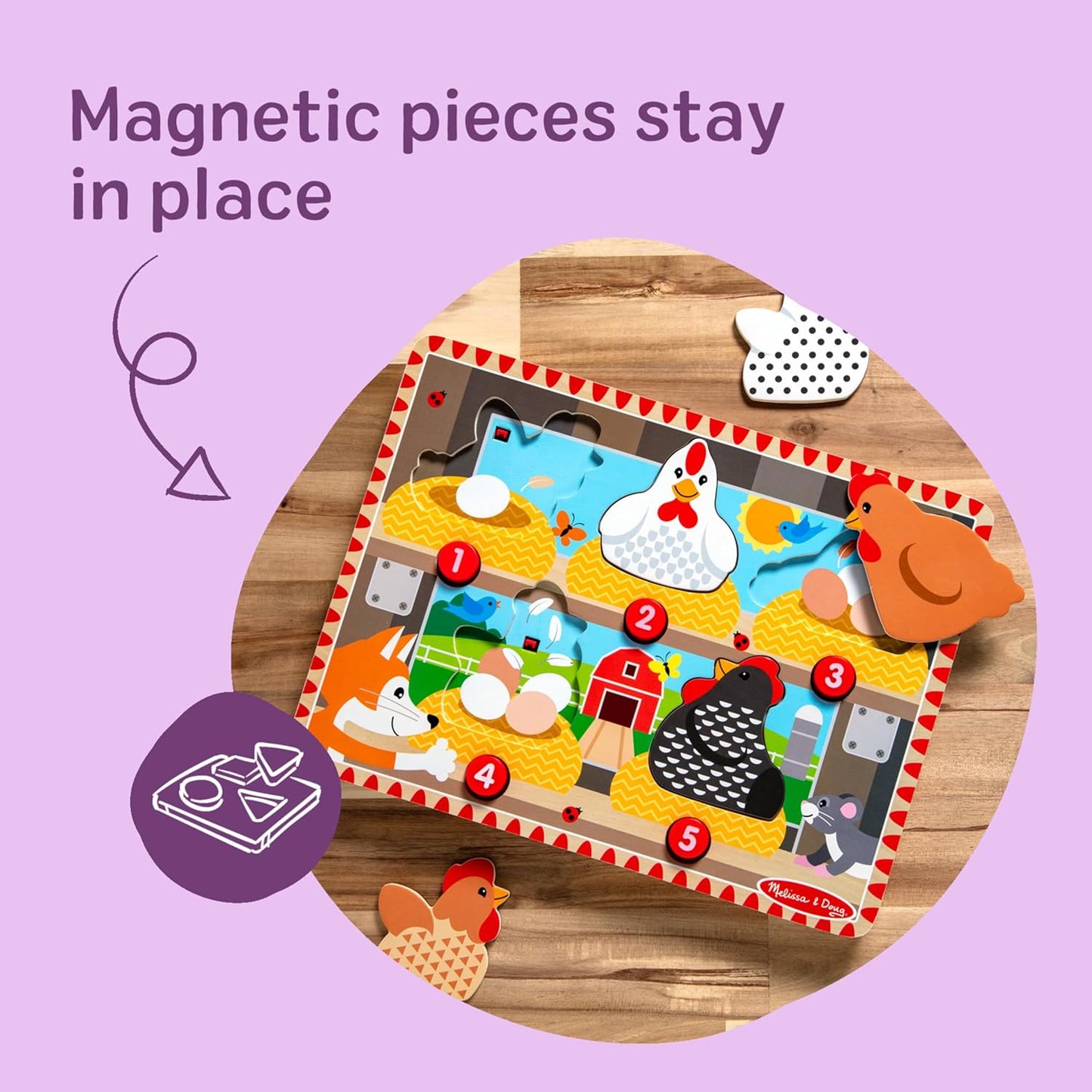 Melissa & Doug Happy Hens Push to Pop Wooden Puzzle, Montessori-Inspired Toddler Puzzles with Magnetic Pieces and Colorful Puzzle Board, Preschool Toys for Girls & Boys Ages 18 months+ - FSC Certified