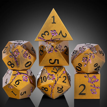 DnDnD Heavy Polyhedral Metal Dice Set with Metal Box, 7-die Shiny Blue Surface with Golden Number for RPG,Dungeons and Dragons,Pathfinder,Shadowrun,D&D,Role Palying Game and Math Teaching - Colors A