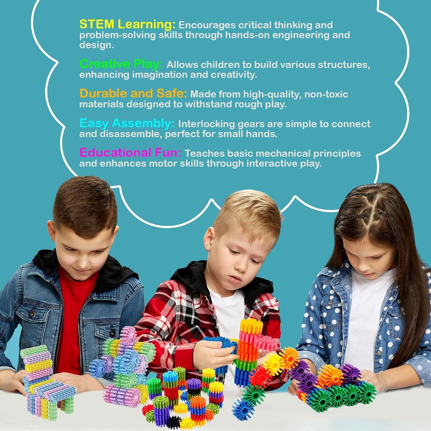 STEM Building Blocks Toys for Kids – Educational and Safe Gear Interlocking Construction Playset – Develop Creativity Preschool Brain Teaser Toys Gift for 3 4 5 Years Old Kids Boys Girls