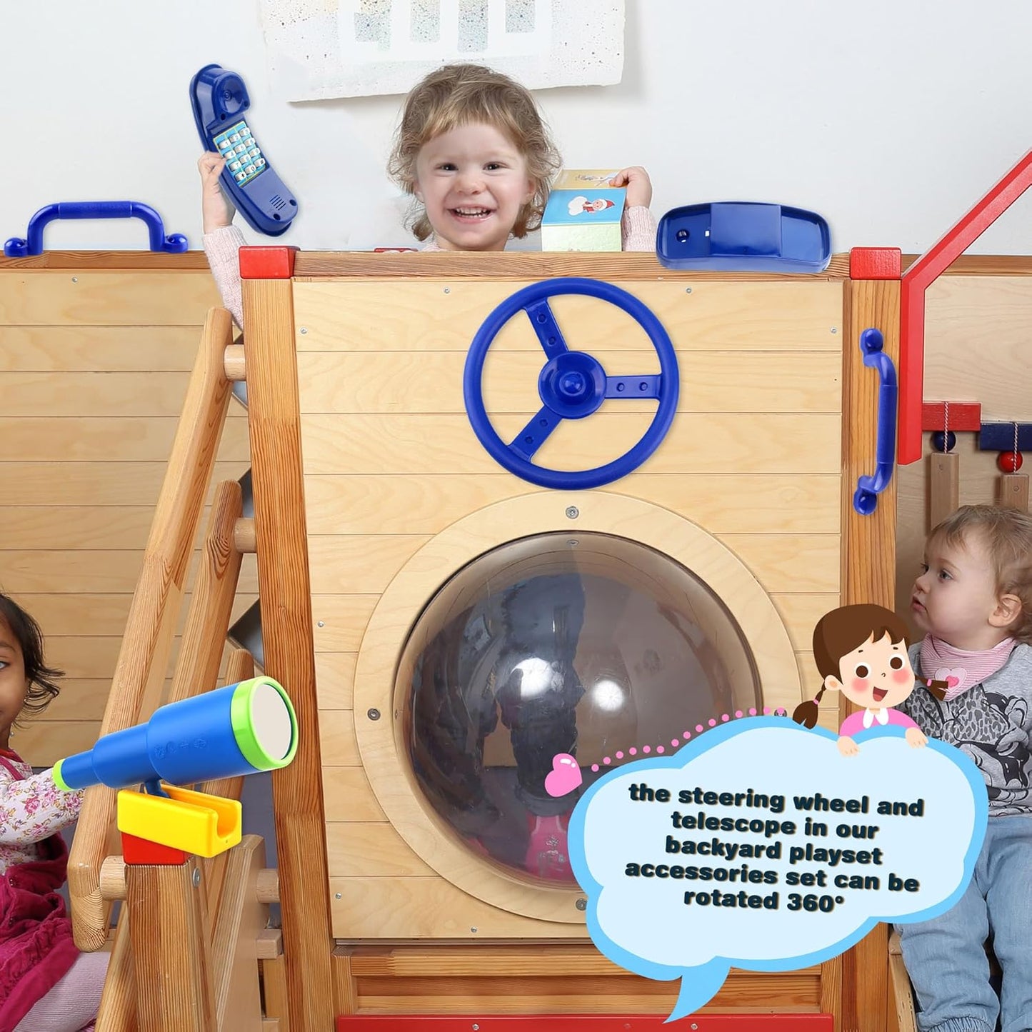 5 Pack Kids Playground Accessories Set Swingset Steering Wheel Plastic Telescope Safety Handles Telephone Toy for Outdoor Playhouse Playset (Color Set 4)