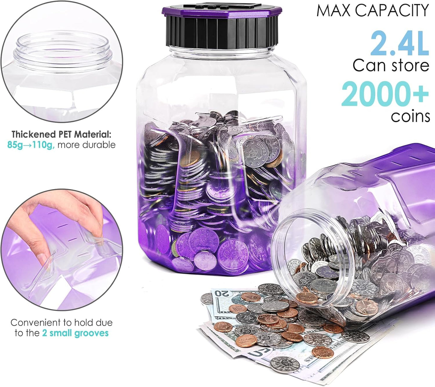 X-Large Piggy Bank for Adults Kids, Vcertcpl Digital Coin Counting Bank with LCD Counter, 2.4L Capacity, Great Coin Counter Bank Money Counting Jar with Total Amount Displayed (Purple)