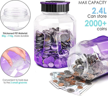 X-Large Piggy Bank for Adults Kids, Vcertcpl Digital Coin Counting Bank with LCD Counter, 2.4L Capacity, Great Coin Counter Bank Money Counting Jar with Total Amount Displayed (Purple)