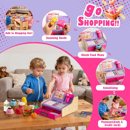 Wooden Cash Register for Kids with Shopping Cart Rechargeable Kid Cash Register with Scanner Gift for Kid Age 3 4 5 6 7 8 9 Year Old Pretend Play for Toddlers Toys for 3-12 Year Old Kids