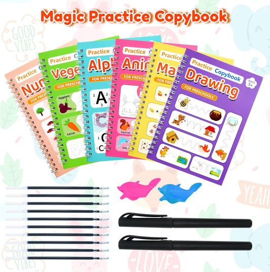 Elover Magic Grooved Writing Practice for Kids,Reusable Grooved Handwriting Workbooks Ages 3-8 for Preschool Grooved Handwriting Practice (6 Books)