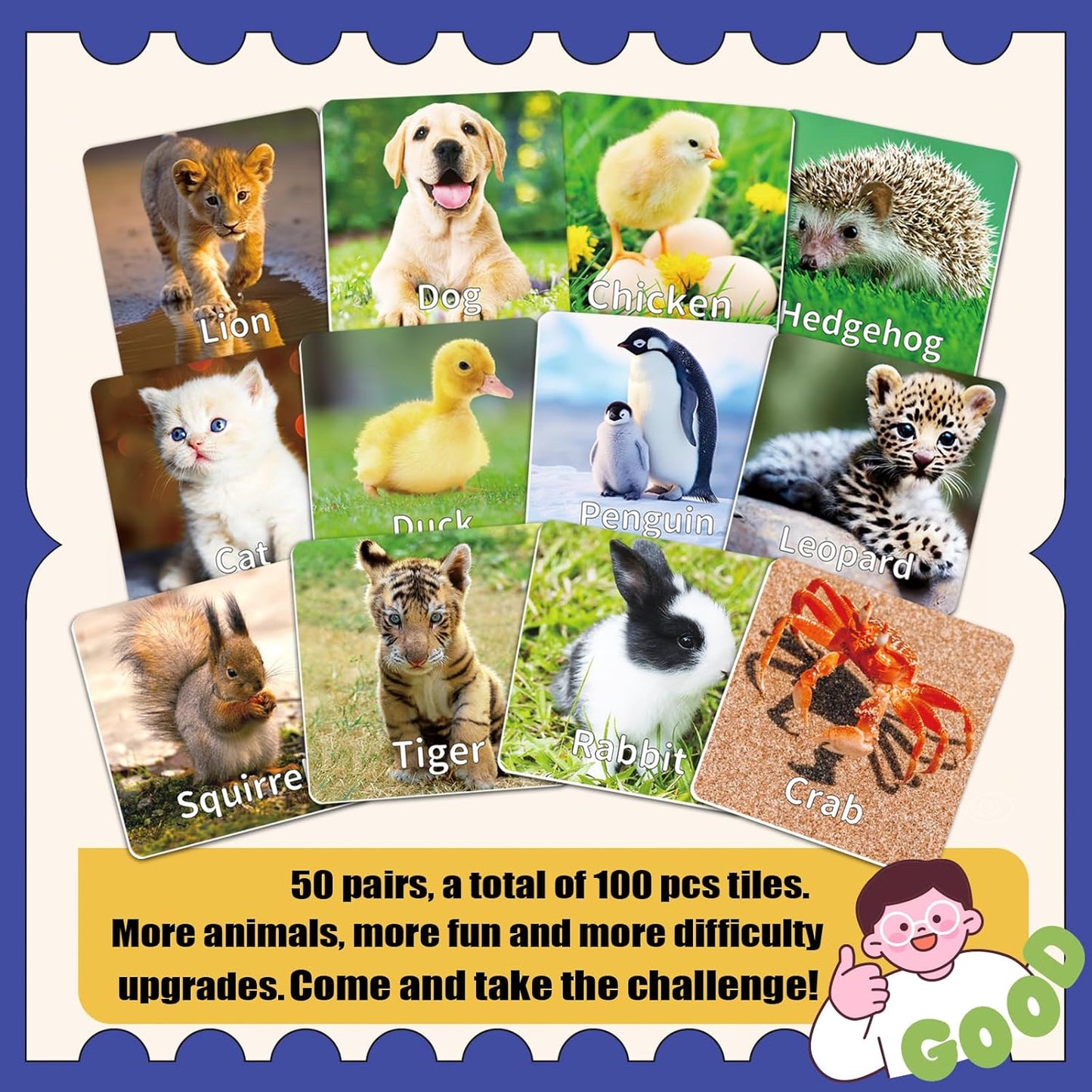 YTSQLER Animal Matching Game for Kids 100PCS Memory Card Game for Toddlers Preschool Learning Activities Memory Matching Cards Boys Girls Family Board Game
