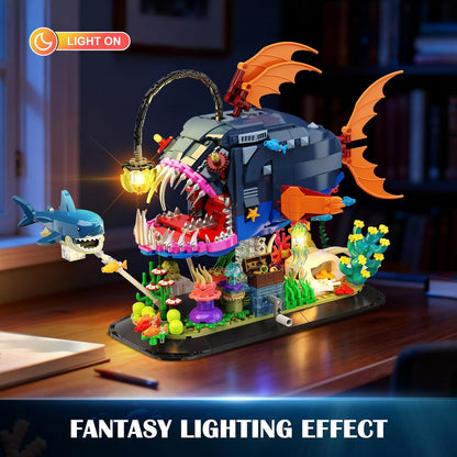 INSOON Mechanical Angler Fish Building Set with Lights, Movable Lantern Fish Building Blocks Toy with Shark Jellyfish, 1139 PCS Ocean Animal Building Kit, Home Decor Gift for Adults Teens Boys 12+