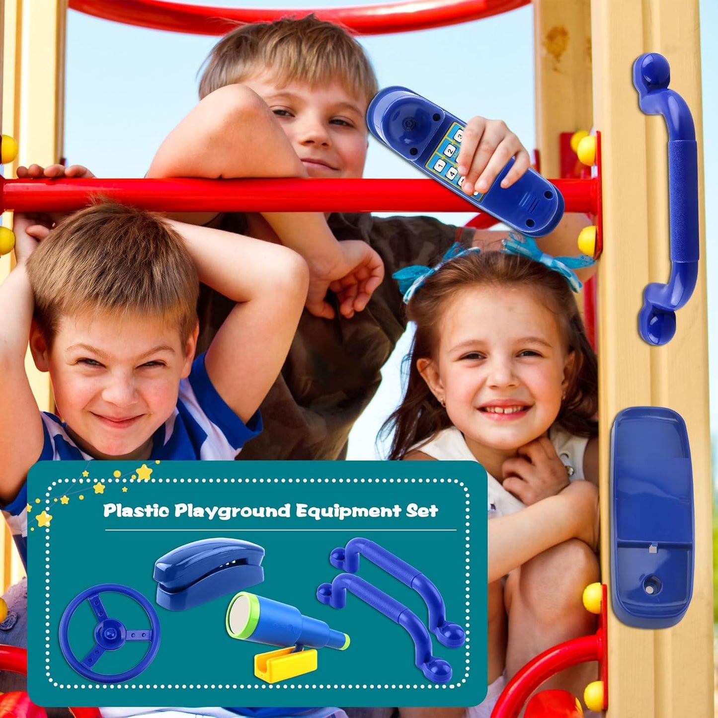 5 Pack Kids Playground Accessories Set Swingset Steering Wheel Plastic Telescope Safety Handles Telephone Toy for Outdoor Playhouse Playset (Color Set 4)