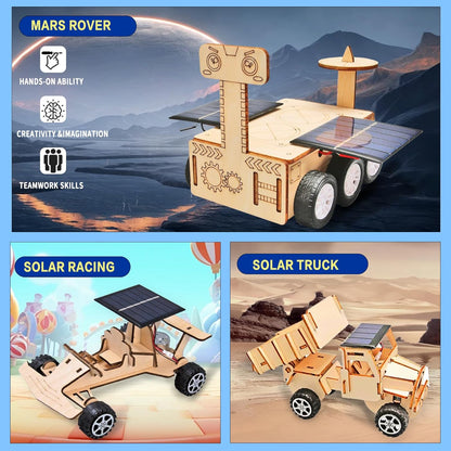 6-in-1 Solar STEM Building Kit, Wooden DIY Construction Set with Satellite, Helicopter, Cars, Educational Science Toy for Kids Ages 6-14 Years