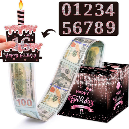 Birthday Money Box for Cash Gift Pull, Surprise Gift Boxes for Money, Money Holder Box with Pull Out Happy Birthday Card and 50Pcs Transparent Bags, Money Gift Ideas for Kids and Adults