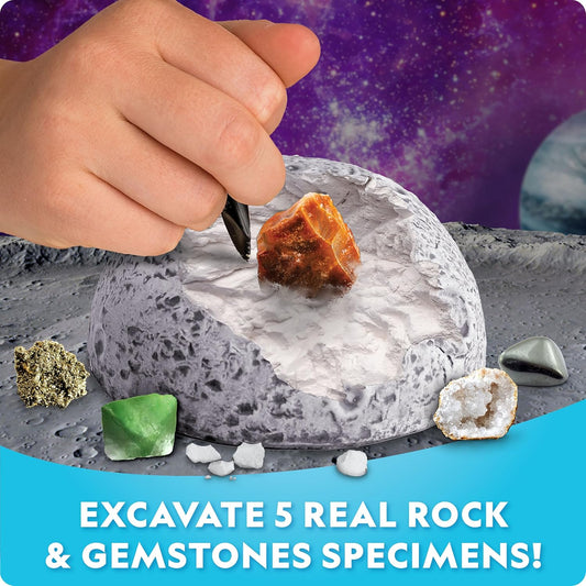 National Geographic Outer Space Dig Kit – Excavate 5 Real Rock & Gemstone Specimens | Includes Dig Brick, Excavation Tools, Magnifying Glass & Learning Guide, Fun Space-Themed STEM Activity for Kids