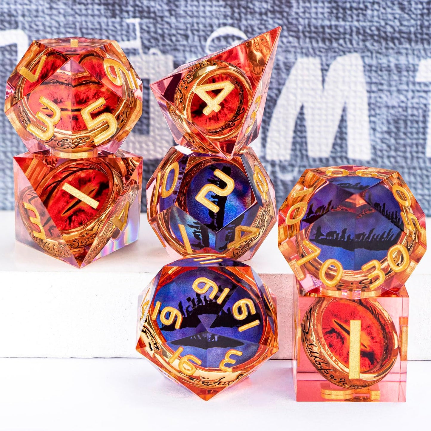Magic Golden Ring DND Dice Set Sharp Edge Red Resin Dice with Box, for use with Dungeons Dragon RPG D&D Tabletop Games Lord D and D Polyhedral Dice Set