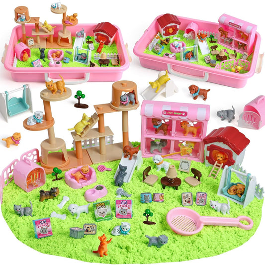 KNASON Rabbit and Hamster Sensory Bin,Play Sand Kit for Girls and Boys with 2.2lbs Sensory Sand and Box,Pet Sandbox Toys Role Pretend Play Beach Toy Birthday Present for Toddler Ages 3 4 5 6 7 8