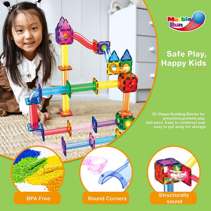 PicassoTiles 50pcs Magnetic Tiles Marble Run for Kids Race Track Toy Marble Maze Sensory Toys for Toddlers STEM Educational Set Magnet Building Blocks Construction Building Tiles Boys Girls 3+ PTG50