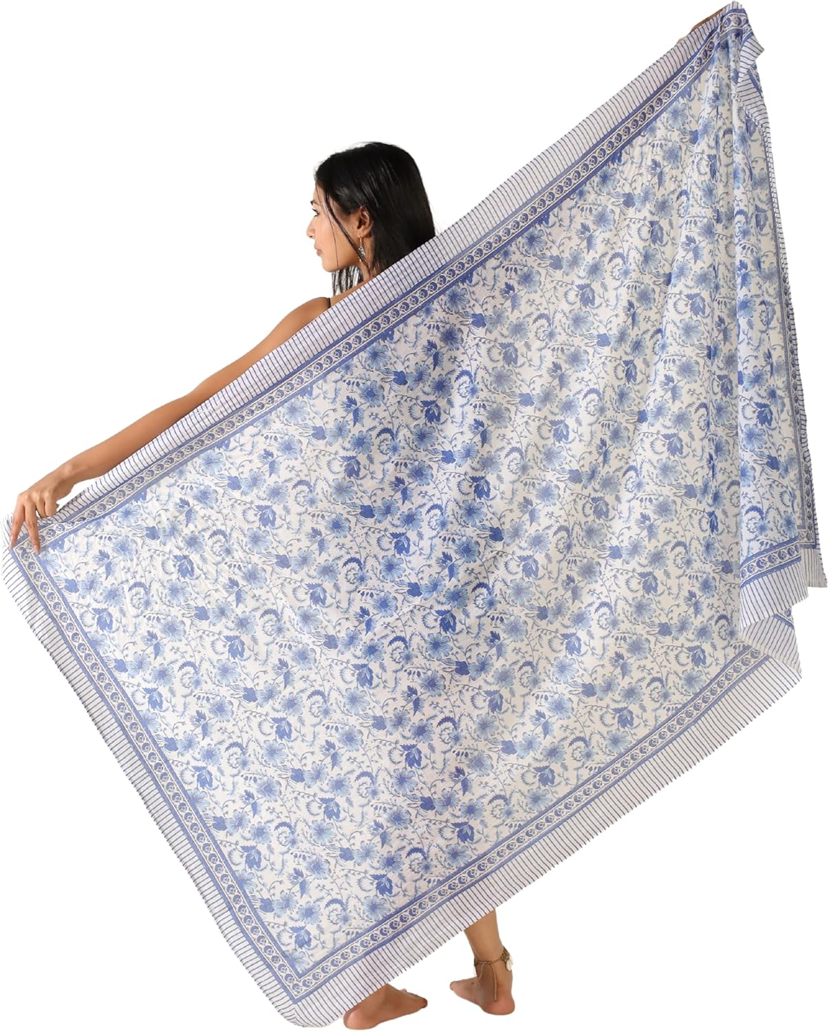 100% Cotton Sarong Cover Up for Women Indian Block Print Beach Wrap Skirt Long Boho Swimsuit Bikini Pareo (73” x 43”)