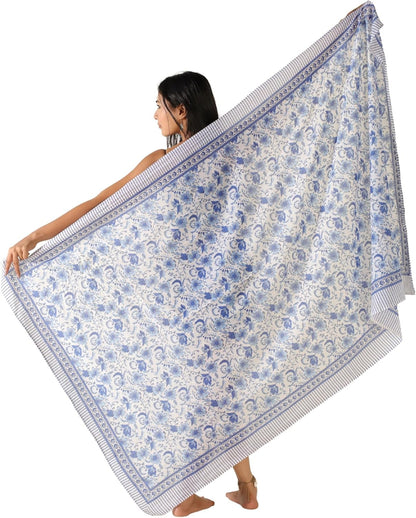 100% Cotton Sarong Cover Up for Women Indian Block Print Beach Wrap Skirt Long Boho Swimsuit Bikini Pareo (73” x 43”)