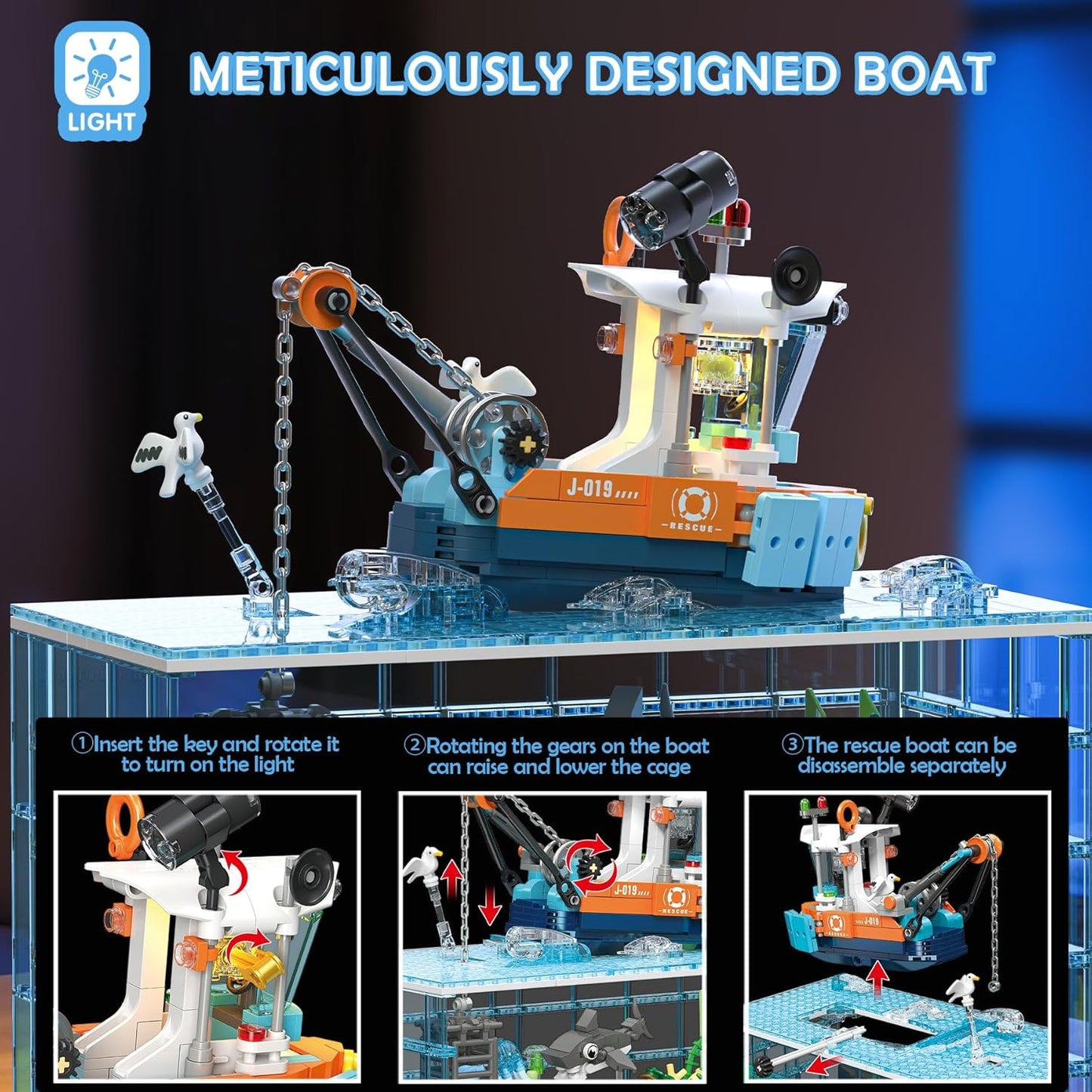 Moving Mechanical Dolphin Building Set - Hand Crank Model Kit with Swimming Tail, Movable Jaw & Glowing Lights | STEM Educational Toy & Unique Desk Decor for Ages 8+, Adults, Blue
