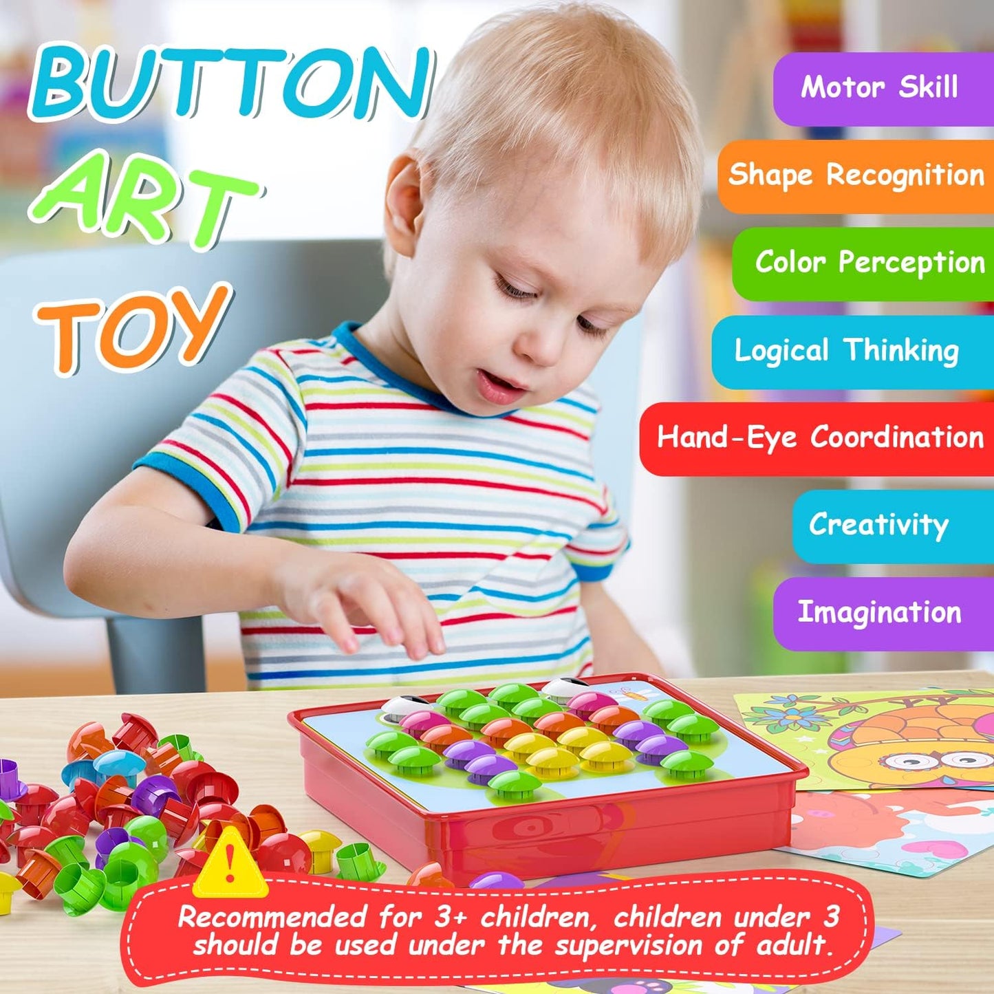 Geekper 96 PCS Button Art Toys for Toddlers, Color Matching Mosaic Pegboard Early Learning Educational Toys for 3, 4, 5, 6 Year Old Kids Boys and Girls Gifts, Including 24 Pictures and 72 Buttons