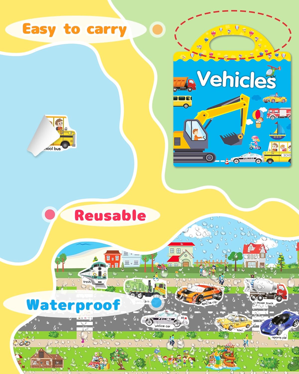 Benresive Reusable Sticker Books for Toddlers, Fun Travel Stickers for Kids, Toddler Sticker Book, Crafts Activities for Toddlers, 3 and Up Birthady Gifts - Vehicle