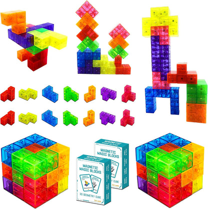 Magnetic Building Blocks Magic Magnetic 3D Puzzle Cubes, Set of 7 Multi Shapes Magnetic Blocks with 54 Guide Cards,Parent-Child Interactive Children's Educational Toys (7color)