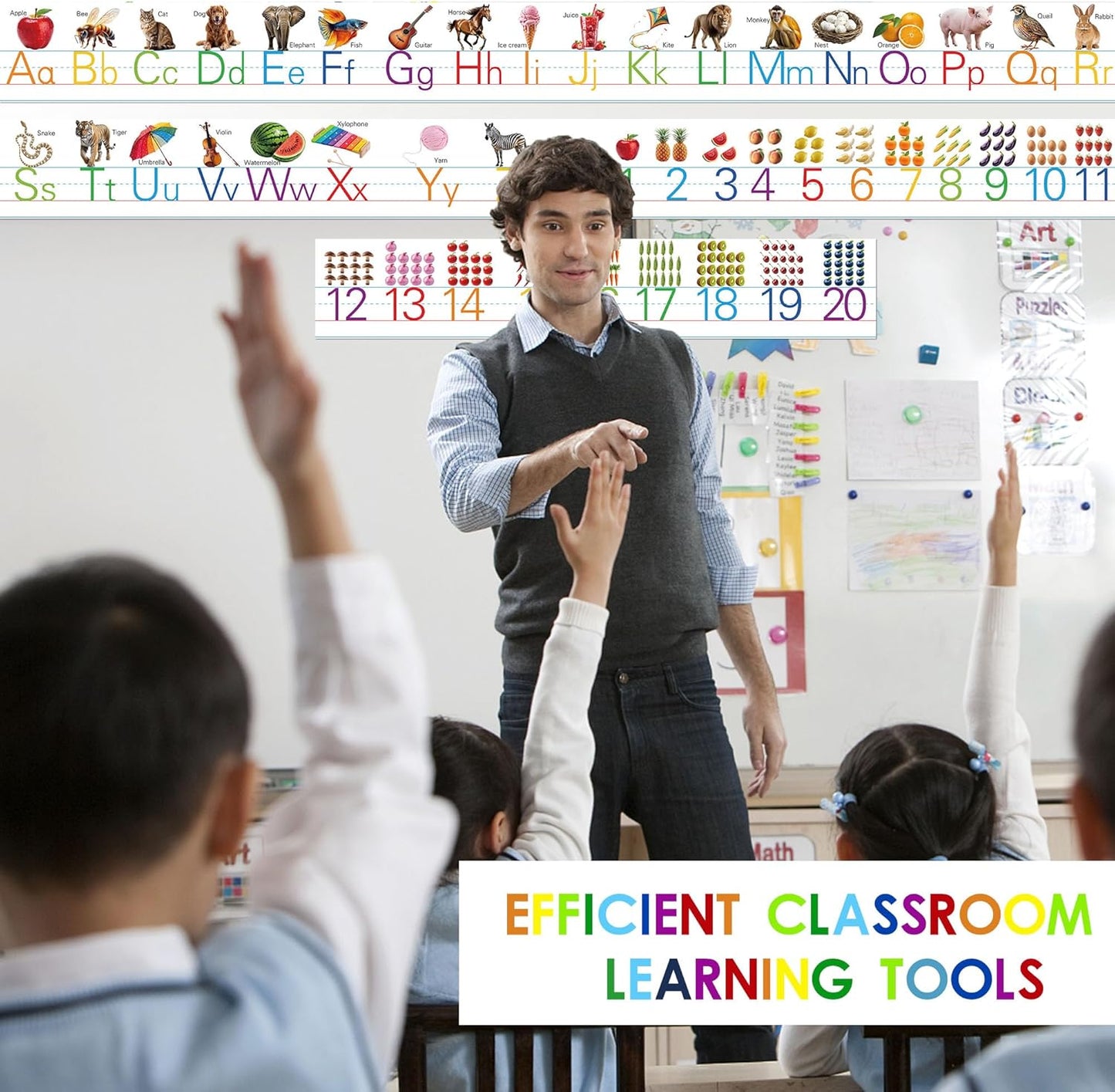 15 Pieces Cursive Alphabet Line Bulletin Board Set Alphabet Classroom Wall Strips Wall Decor for Pre-School Kindergarten Elementary Nursery Homeschool (Cursive)