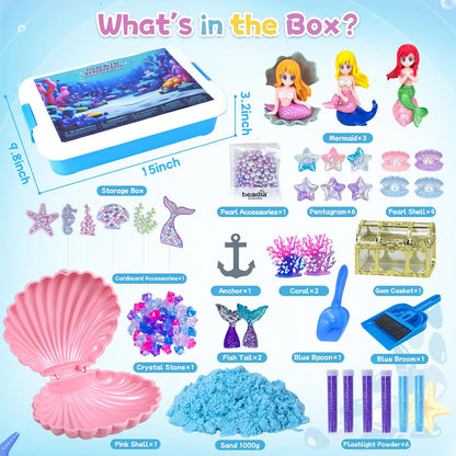 Play Sand Kit for Girls, Ice Cream Sensory Bin Sandbox, Creative Bake Shop with 2.2lbs Magic Sand, Ice Cream & Cake Models, Cleaning Tools, Pretend Beach Cake Stand Toys Gift for Toddler Ages 3-8