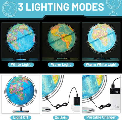 BSHAPPLUS World Globe with Stainless Steel Stand 13 inch, 720 Rotating & HD Waterproof Material, Teaching/Geographic/Decorative Globes with Clear Text for Elementary, Classroom, Home, School, Office