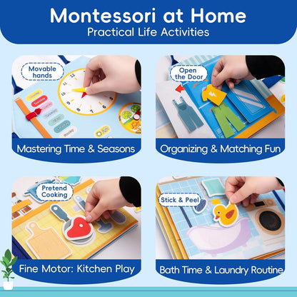 Busy Book for Toddlers - Montessori Sensory Toys for Boys & Girls Preschool Learning, 8-Page Felt Quiet Activity Board for Fine Motor Skills, Travel Toys for Airplane Car Games (Farm Animals)