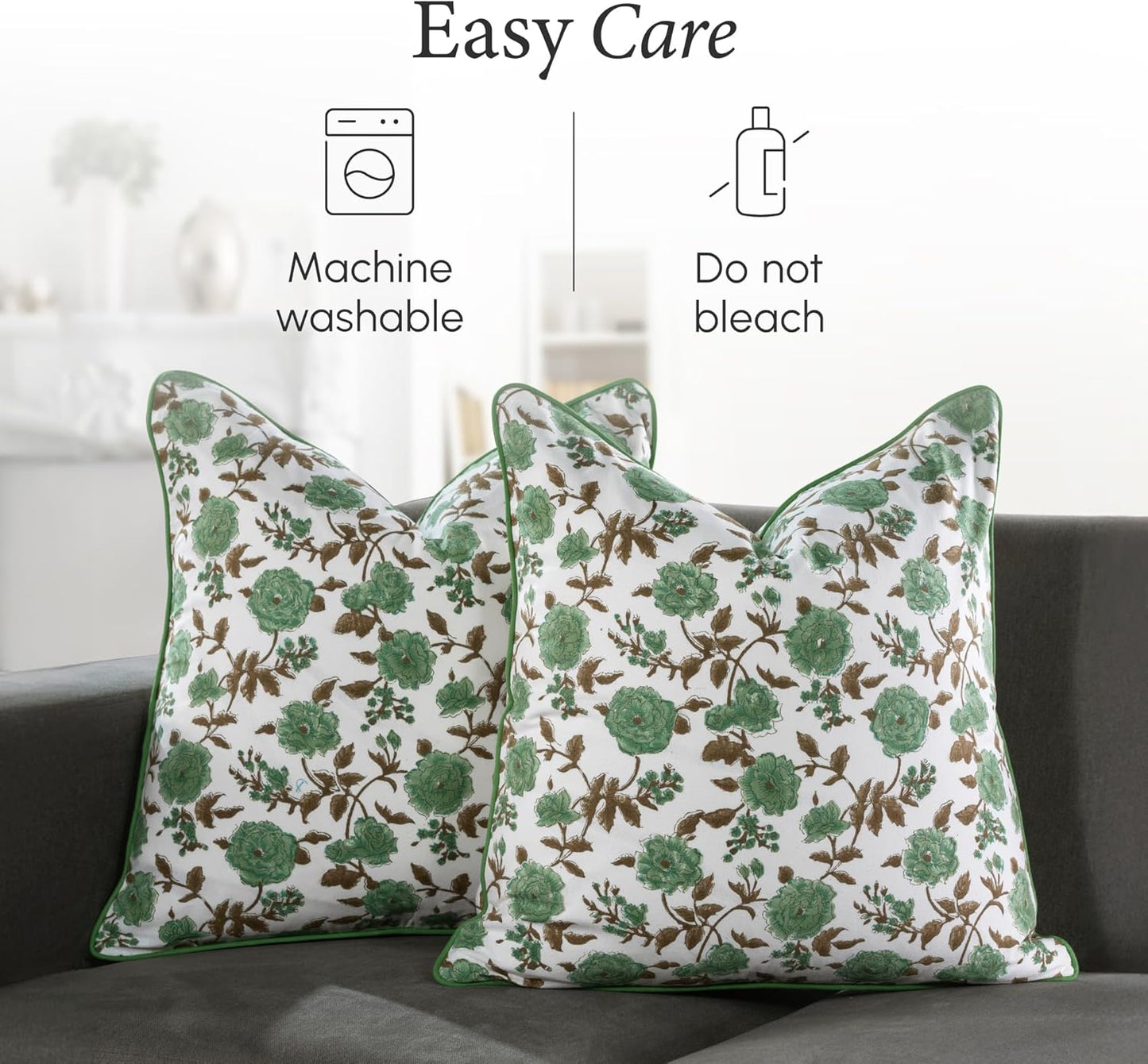 CPC 100% Cotton Throw Pillow Covers 18x18 Inch, Set of 2 Green Block Print Pattern Couch Pillow, Cute Boho Decorative Pillows for Living Room, Bedroom with Hidden Zipper- Agate Green
