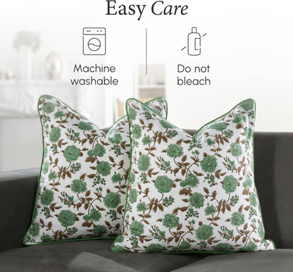 CPC 100% Cotton Throw Pillow Covers 18x18 Inch, Set of 2 Green Block Print Pattern Couch Pillow, Cute Boho Decorative Pillows for Living Room, Bedroom with Hidden Zipper- Agate Green