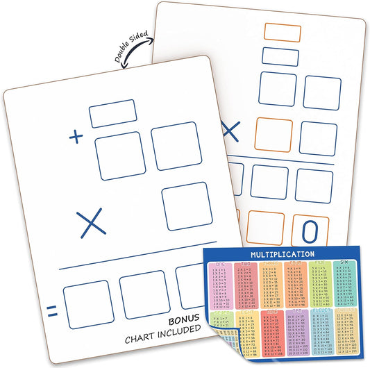 SCRIBBLEDO Dry Erase Long Multiplication Board 9"x12" Double Sided Practice Whiteboard with 2x1 & 2x2 Digit Multiplication for Home, School, Classroom Math Manipulatives for All Ages