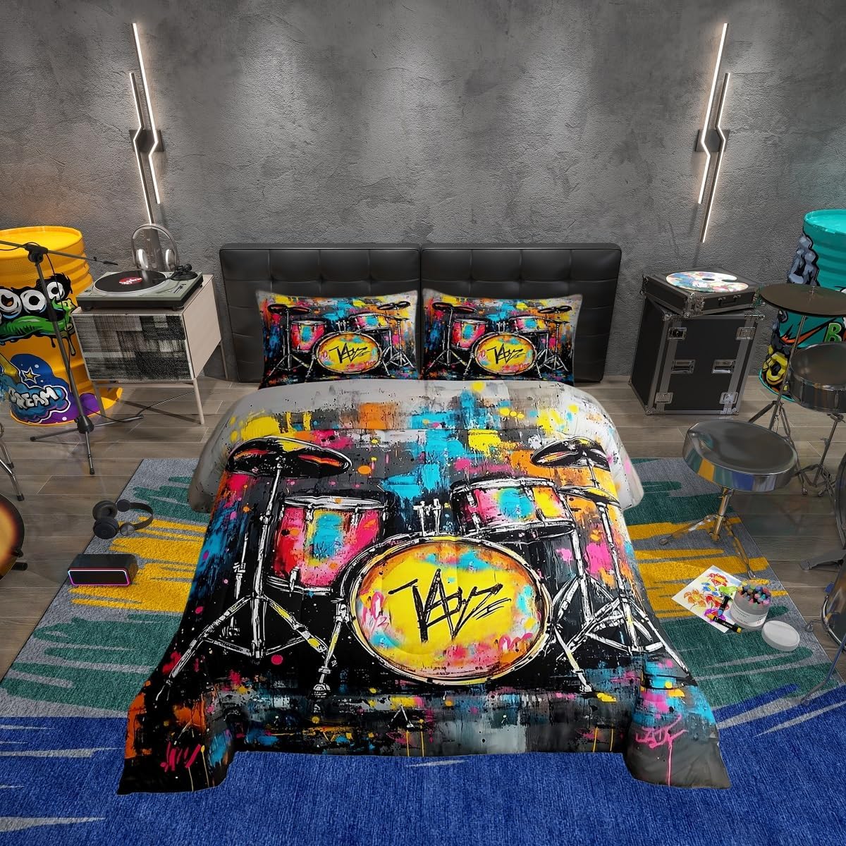 Erosebridal Drum Kit 3D Print Kids Comforter Sets Rock Music Themed Full Bedding Set for Boys Girls Musical Pattern Comforter Set,Colorful Retro Style Quilt Duvet 3 Pcs
