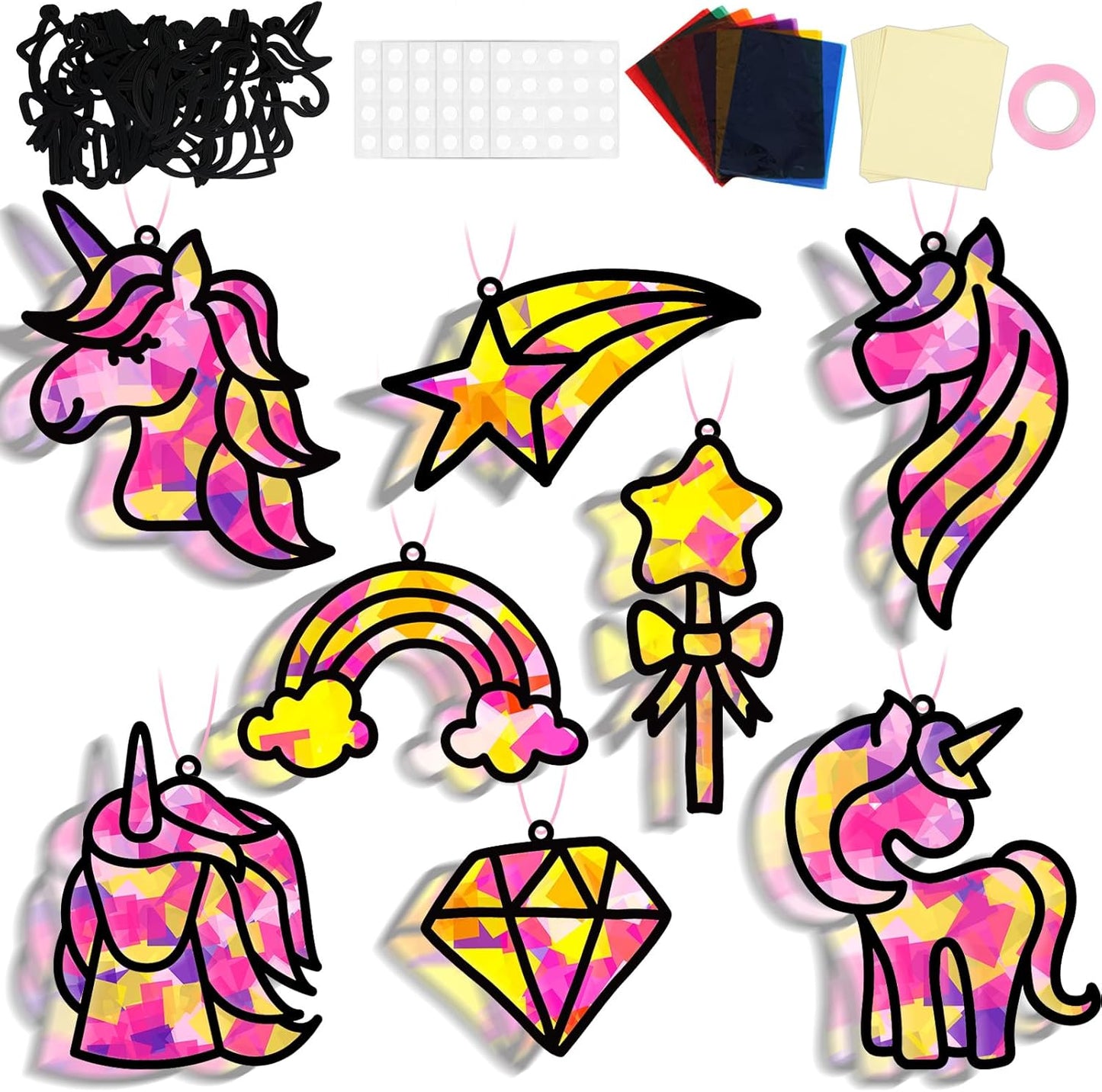 32 Sets Outer Space Suncatchers Craft Kit DIY Window Stained Glass Effect Planet Astronaut Alien Paper Crafts Home School Classroom Decoration Kid Birthday Gift Creative Art Project Activity Game - Colors A