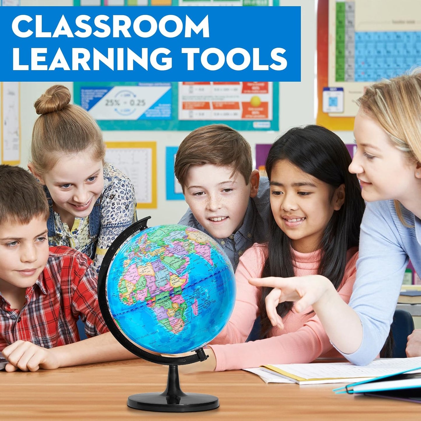 Classroom Globes Elementary, 13in Large Globe More Detailed with Countries & Capitals & State Capitals, Political Teaching Tool for Adults & Children - No Assembly Required