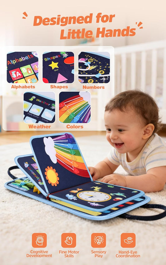 GONINO Toddler Busy Board Montessori Toys for 1-3 Year Old, Dinosaur Space Busy Book with 23 Activities for Learning Fine Motor Skills, Sensory Travel Toys for Airplane Car, Gifts for Boys Girls, Blue