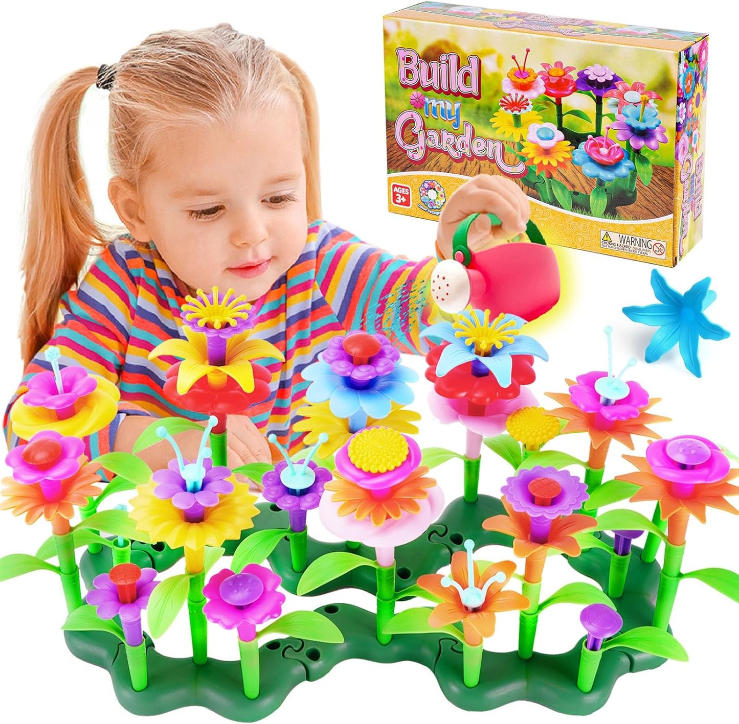 FUNZBO Girl Flower Garden Building Toys Set - Birthday Gifts for Age 2 3 4 5 6 Years Old Girls, STEM Montessori Educational Toy for Toddler Kids, Sorting & Stacking Spring Gardening Set