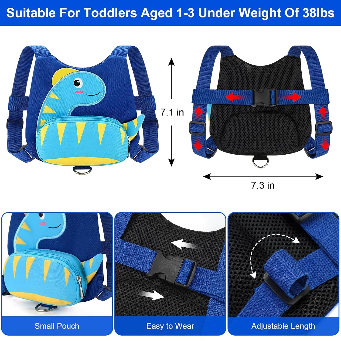3 in 1 Toddler Harness Leash + Baby Anti Lost Wrist Link, Accmor Cute Dinosaur Child Safety Harness Tether, Kids Walking Wristband Assistant Strap Belt for Parent Boys Outdoor Activity (Black)