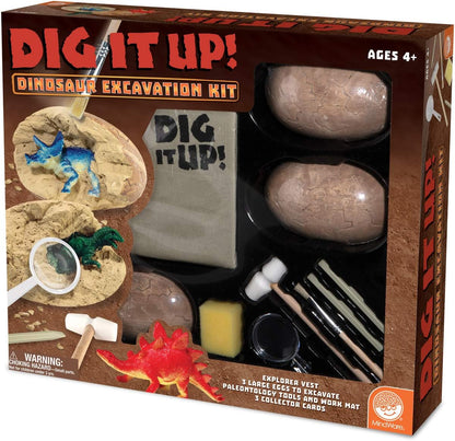 MindWare Dig It Up! Dinosaur Excavation Kit – Discovery Gift kit for Kids – Learn About Dinosaurs! – 3 Large Dino Digs with Explorer Vest, 5 Realistic Tools, Clean-up mat & Educational Fun-fact Cards