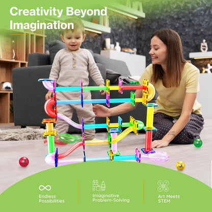 PicassoTiles 50pcs Magnetic Tiles Marble Run for Kids Race Track Toy Marble Maze Sensory Toys for Toddlers STEM Educational Set Magnet Building Blocks Construction Building Tiles Boys Girls 3+ PTG50