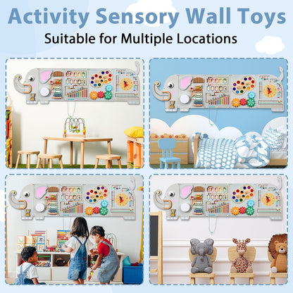 5FT Large Elephant Activity Wall Busy Board Wooden Sensory Wall Panel Educational Montessori Toys for Toddler Kids Interactive Sensory Activity Board Learning Center Playroom Daycare Nursery Decor