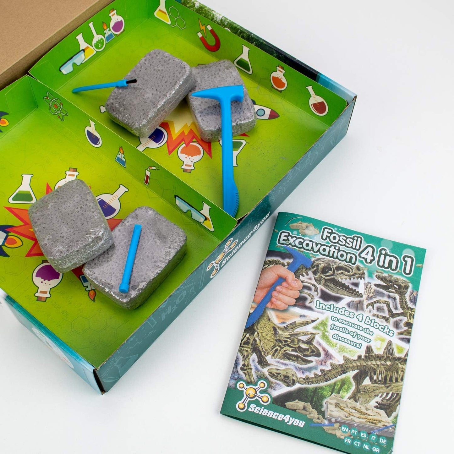 Science4you Dinosaur Fossil Excavation Kit 4 in 1 - Fossil Digging Kit for Kids, Build 4 Dinosaur Fossils, 46 Pieces, Archeology Set, Hunting Kit - Dinosaur Toys, Games for Boys and Girls Age 6+