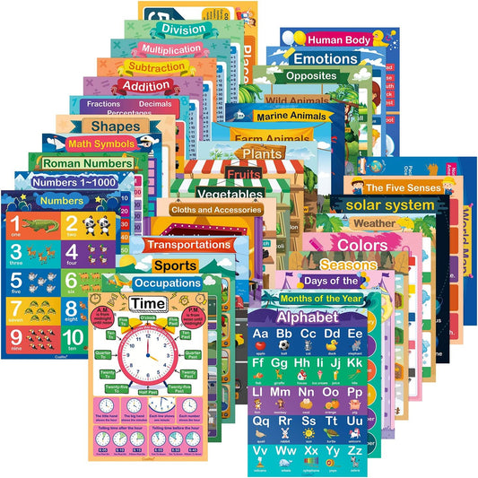 35 Pcs Laminated Educational Posters for Toddlers & Elementary Kids (Ages 3-10) - A3 Size Water-Resistant Dry Erase Learning Charts Set with Alphabet, Numbers, World Map, Foam Dots Included